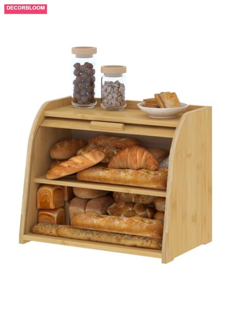 Bamboo Double-Layer Roll-Top Bread Box Farmhouse Storage